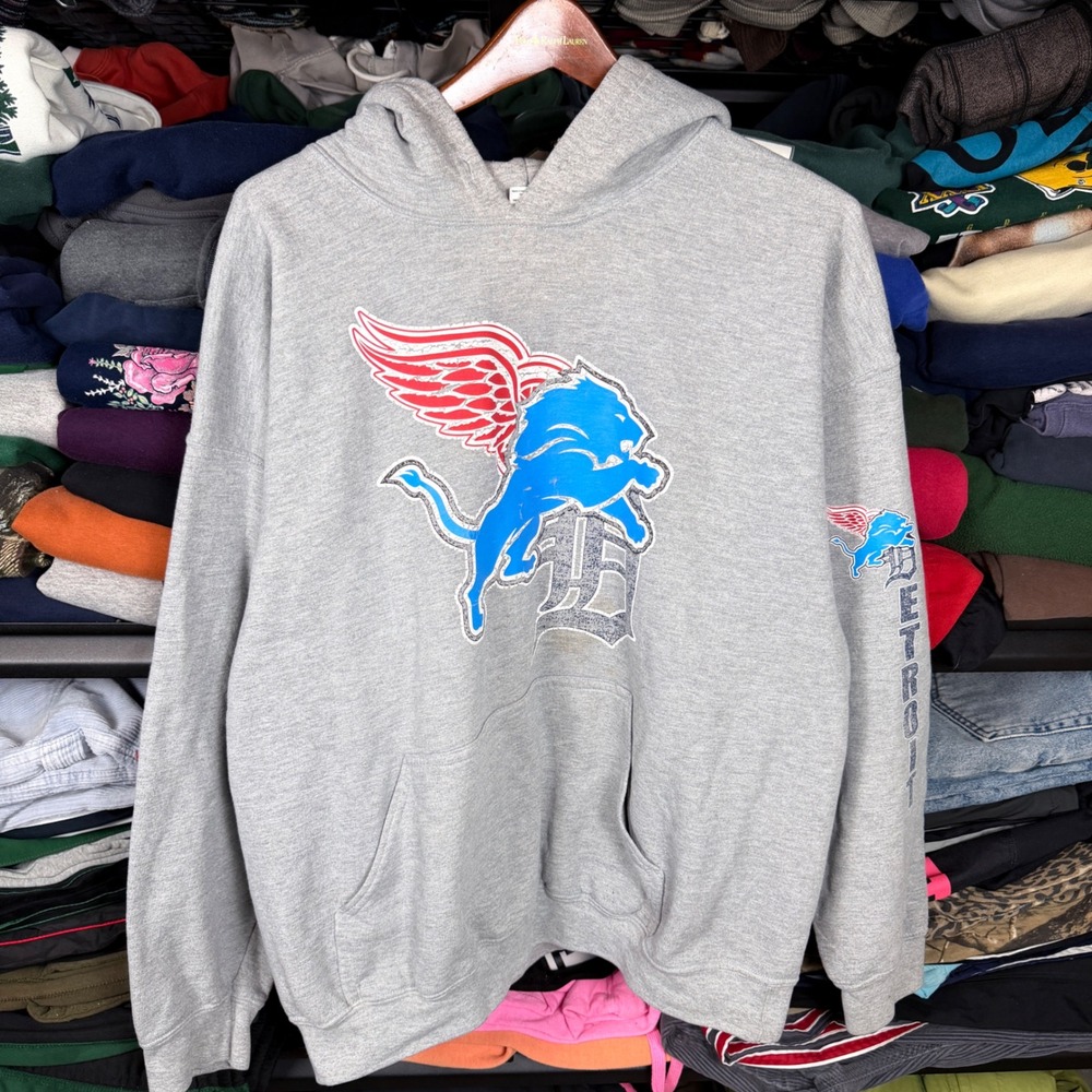 Gildan Detroit Sports Mashup Hoodie Lions Red Wings Tigers Gray XL